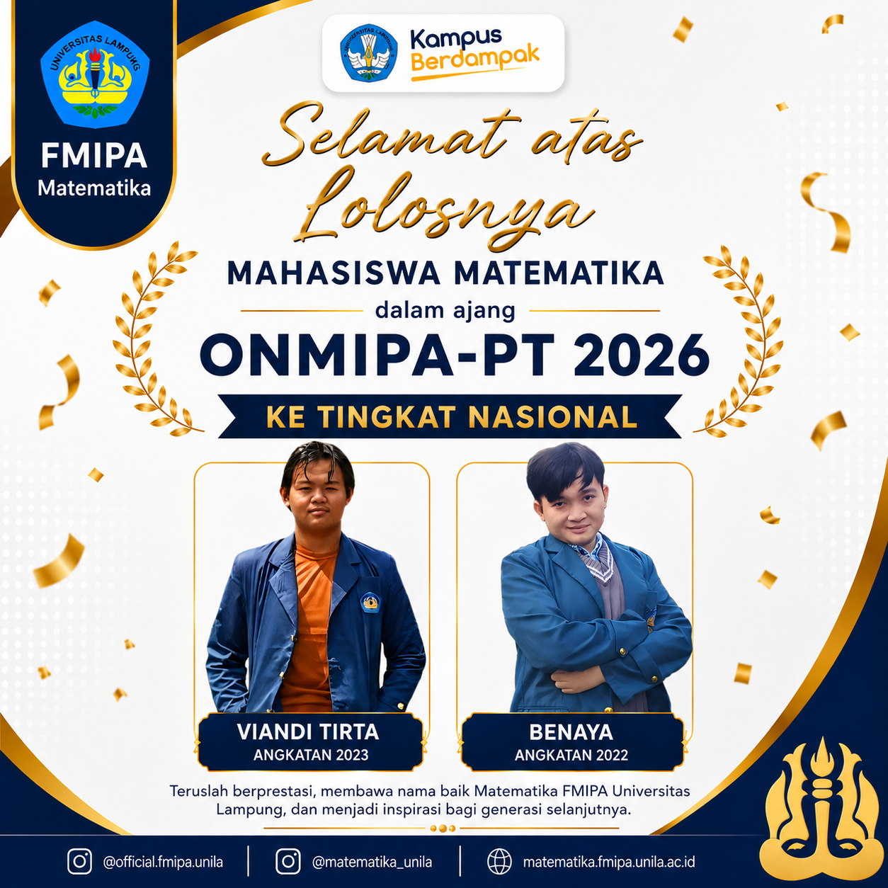 Two FMIPA Mathematics Students from Lampung University Successfully Passed ONMIPA-PT 2026 to the National Level